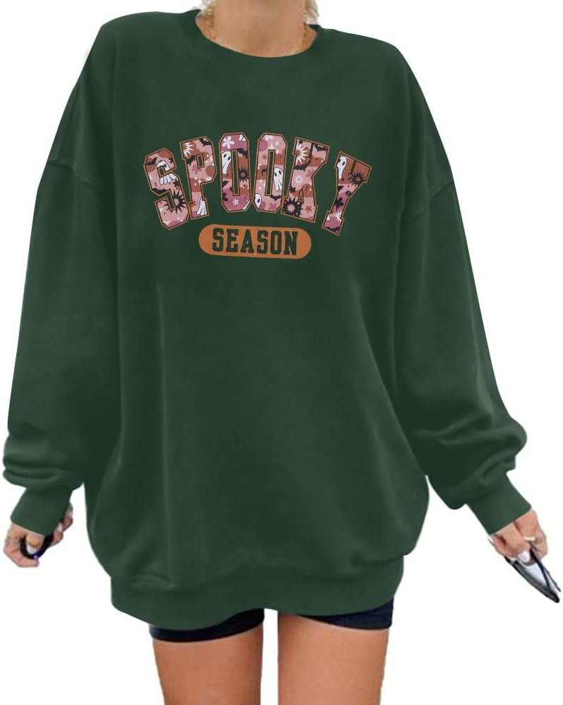 Oversized Halloween Sweatshirt Women Vintage Spooky Season Pullover Top Spooky Vibes Letter Print Long Sleeve Shirt