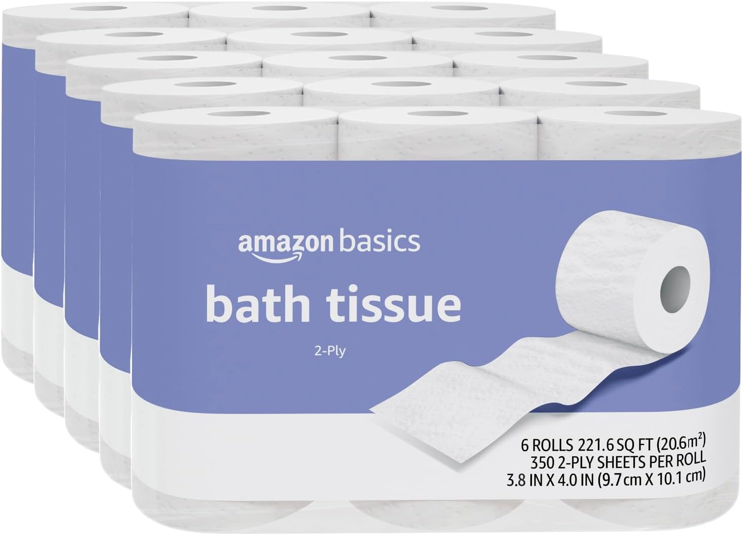 Amazon Basics 2-Ply Toilet Paper, 30 Rolls = 120 Regular Rolls, 350 Sheets, (Pack of 30), Unscented